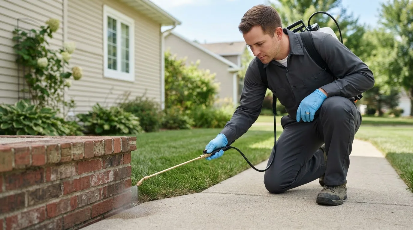 Pest control technician treating a home near Festus, MO